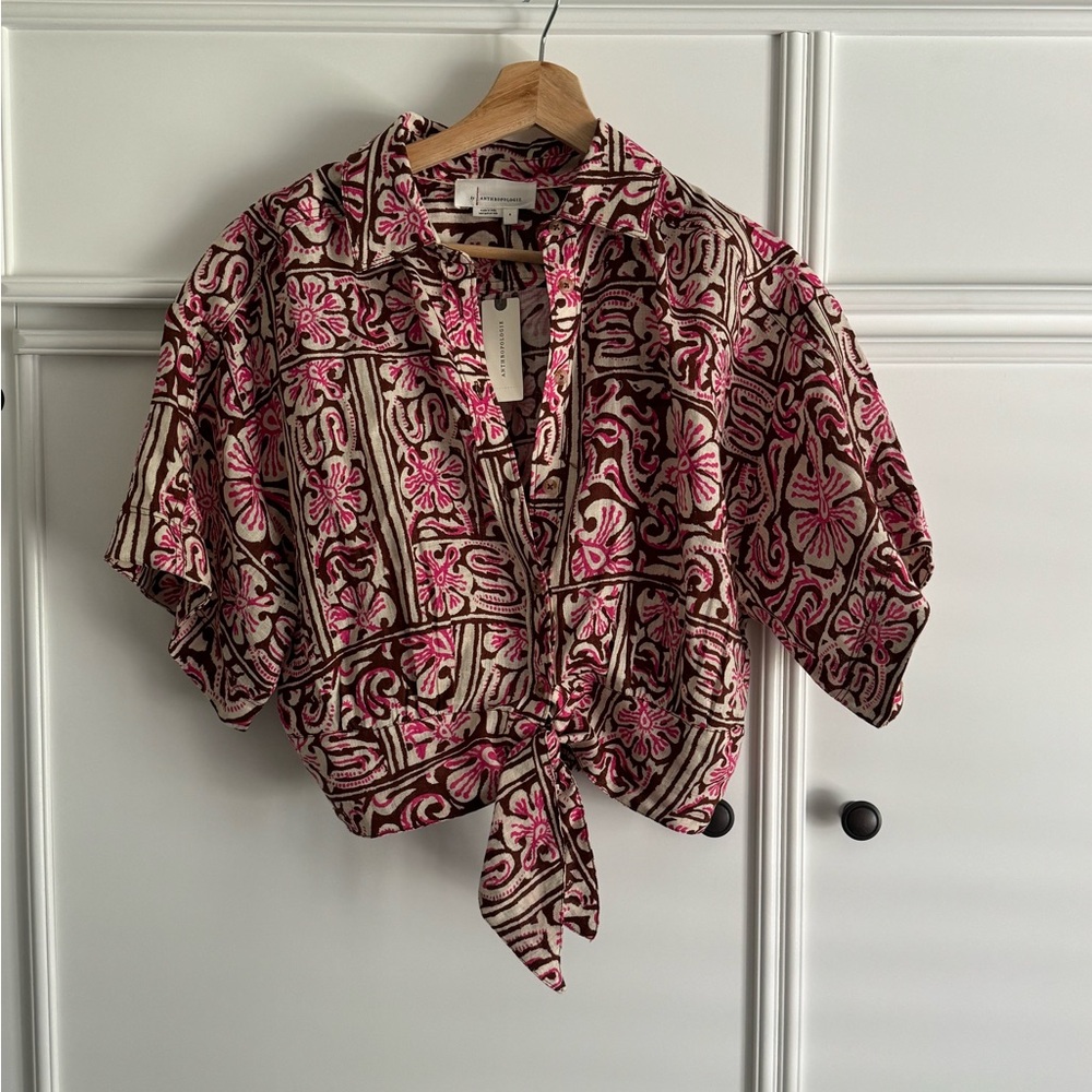 Anthropologie Pink and Brown Floral Blouse